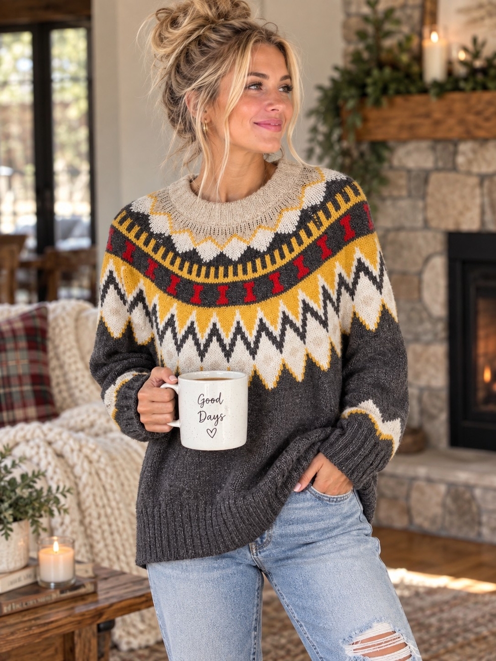aerie Fair Isle Crewneck Sweater - Charcoal, Mustard & Red